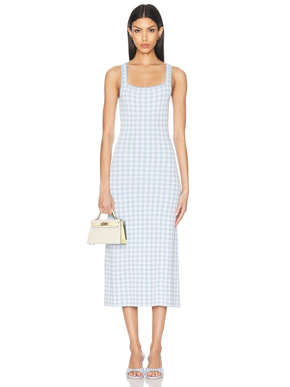 Staud Katie stretch knit midi dress in sky blue gingham print. Size S.